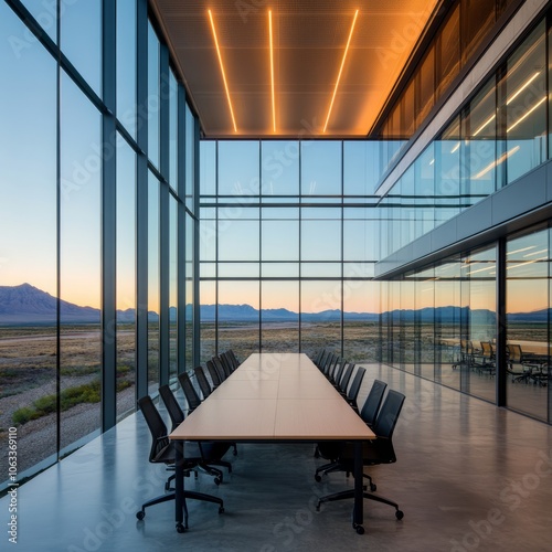 Modern conference room with large windows and mountain view at sunset.