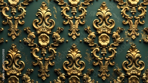 Elegant gold baroque pattern on green background for luxury decor and design