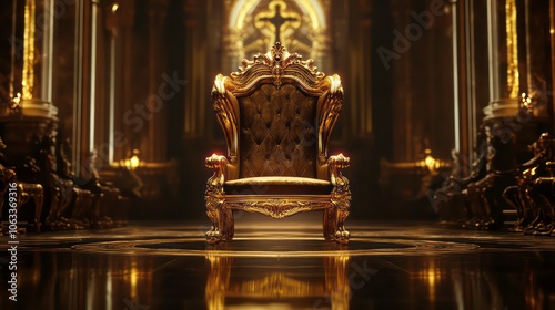 The throne, golden luxury royal chair on a dark shiny hall of gothic church or palace background.