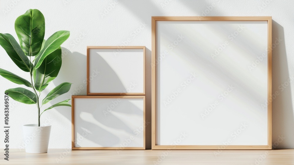 Minimalist multi-photo frame mock-up concept. A modern interior scene featuring three empty wooden frames and a potted plant highlighting minimalistic decor and natural light Minimalist multi-photo frame mock-up concept. A modern interior scene featuring three empty wooden frames and a potted plant highlighting minimalistic decor and natural light