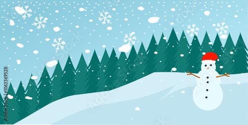 Vector Winter Landscape With Snowmen And Pine Trees, Good For Winter Themed Posters, Magazines And Banners
