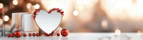 A festive heart-shaped mirror surrounded by Christmas decorations and gifts, evoking warmth and holiday cheer. photo