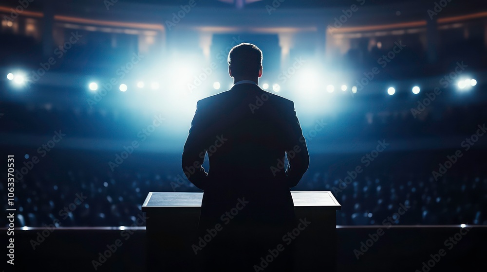 A speaker stands at a podium, illuminated by bright stage lights in a large venue. A speaker stands at a podium, illuminated by bright stage lights in a large venue.