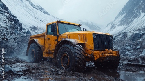 A yellow off-road truck drives through a muddy, snowy mountain pass.