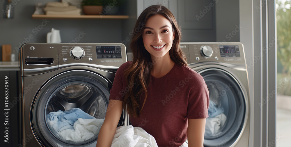 Smiling woman doing laundry in modern home. Smiling woman doing laundry in modern home.