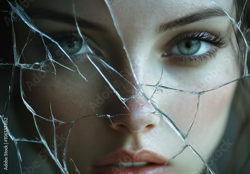 Reflections through broken glass. A close-up view through the broken glass.