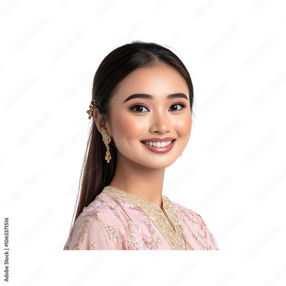 Beautiful Asian Woman in Traditional Pink Dress Smiling Beautiful Asian Woman in Traditional Pink Dress Smiling