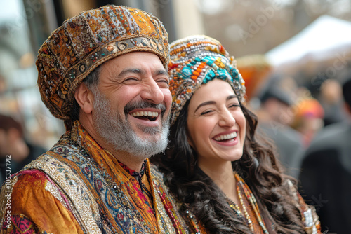 Joyful celebration of Purim with adults in traditional and modern costumes