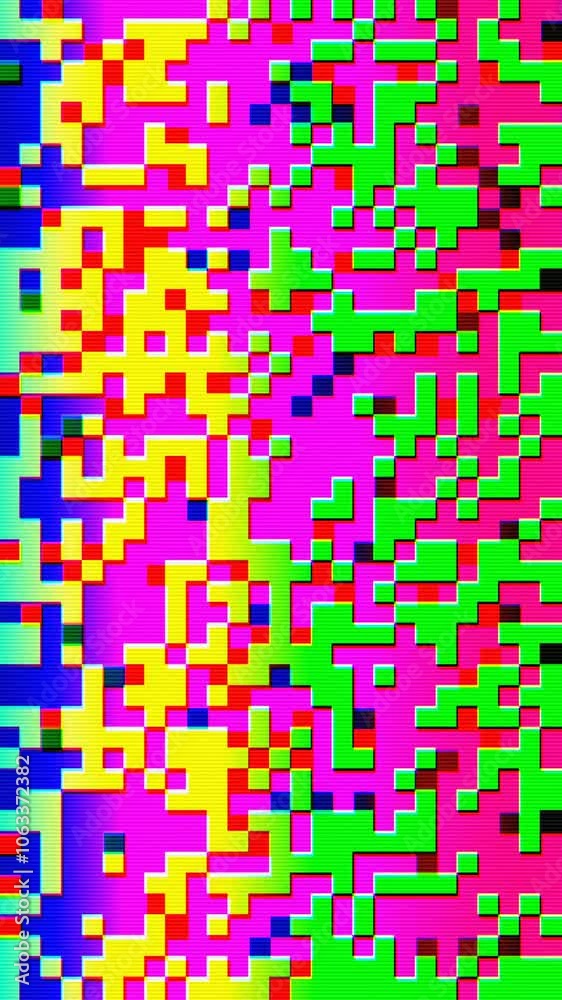 Abstract pixelated interlaced flowing rainbow 8 bit cyber retro game Glitch TV Static pixel Noise animation texture background. Futuristic glitched cyberpunk, rave 90s, 2000s lo-fi aesthetic