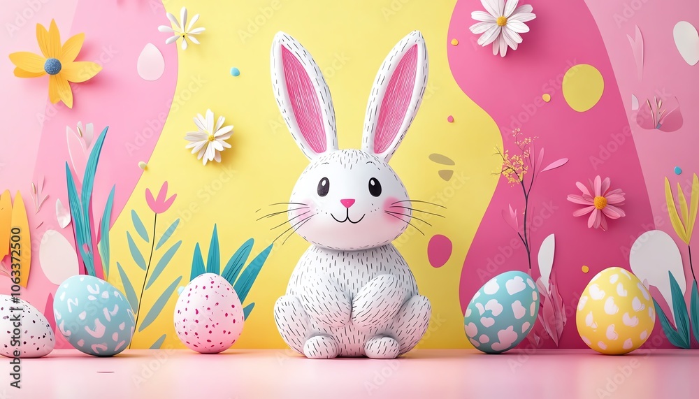 A joyful Easter background featuring cute handdrawn eggs and a playful bunny, complemented by abstract shapes on a soft pastel backdrop, vibrant and cheerful atmosphere A joyful Easter background featuring cute handdrawn eggs and a playful bunny, complemented by abstract shapes on a soft pastel backdrop, vibrant and cheerful atmosphere