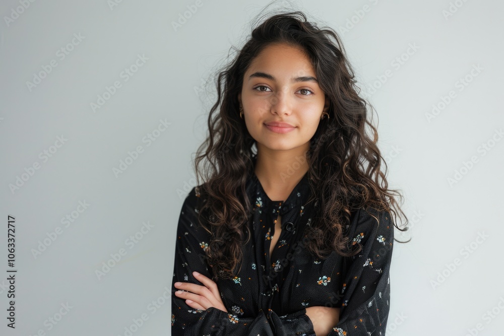 A woman with long curly hair wearing a black shirt, suitable for editorial and lifestyle use A woman with long curly hair wearing a black shirt, suitable for editorial and lifestyle use