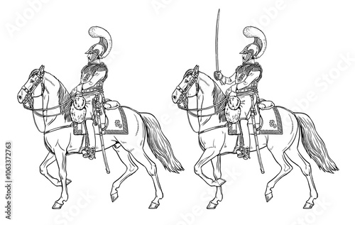 French heavy cavalry - Carabiniers. Mounted soldier of the Napoleonic army. Historical drawing to color in.