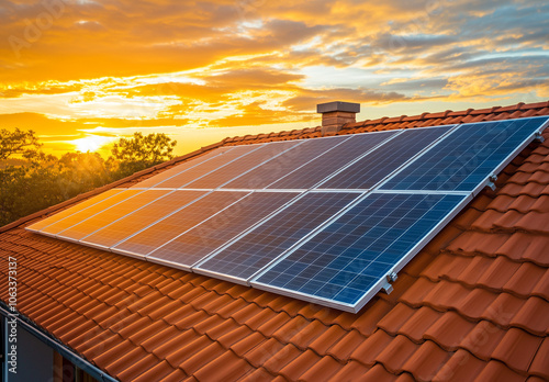 Close-up of solar panels on a roof at sunset. Copy space. 