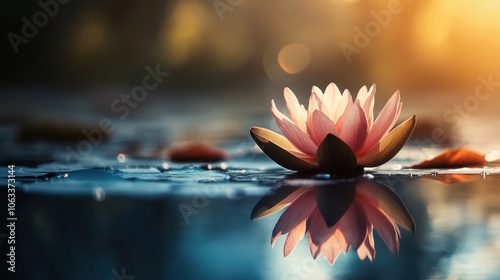 A single pink lotus flower blooming gracefully on a calm pond,