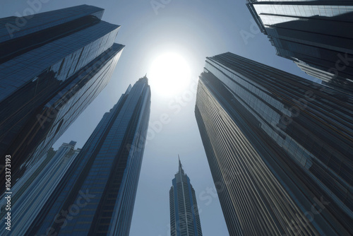 Modern architecture: skyscrapers under a bright sun in urban sky photo