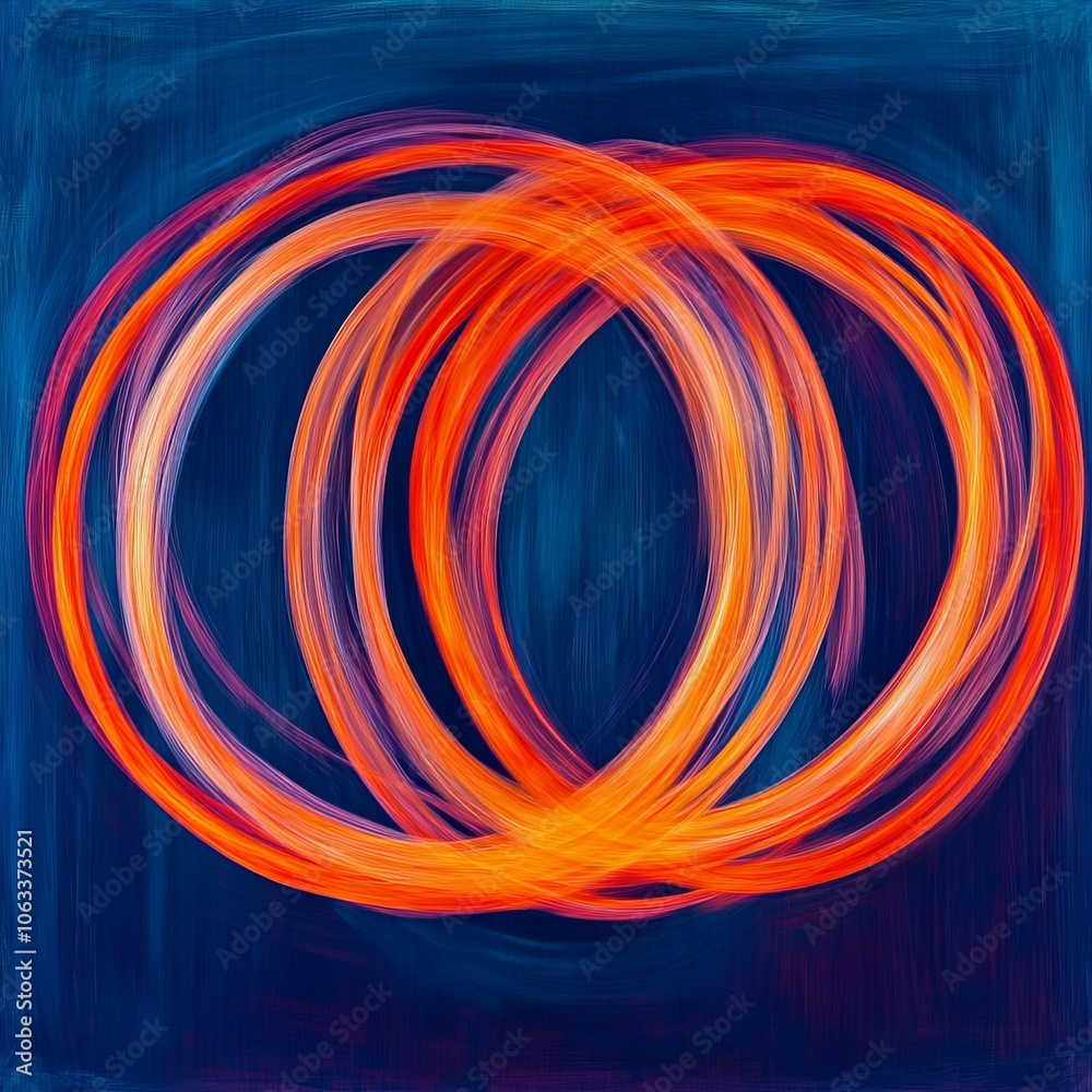 Abstract illustration of intertwined orange and white circular shapes on blue. Abstract illustration of intertwined orange and white circular shapes on blue.