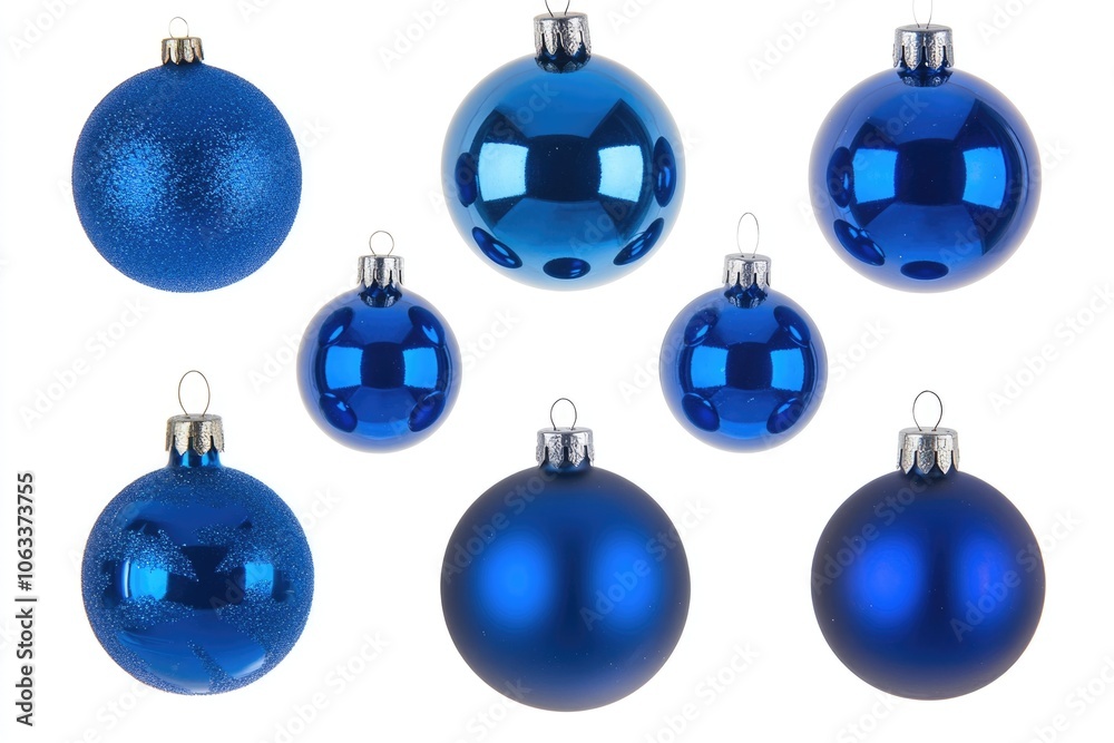 Group of blue Christmas ornaments on a white background, perfect for holiday season promotions and advertisements Group of blue Christmas ornaments on a white background, perfect for holiday season promotions and advertisements