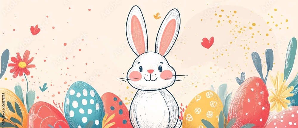 Charming Easter illustration featuring happy handdrawn eggs and a playful bunny, surrounded by lively abstract shapes on a pastel background, celebrating the season