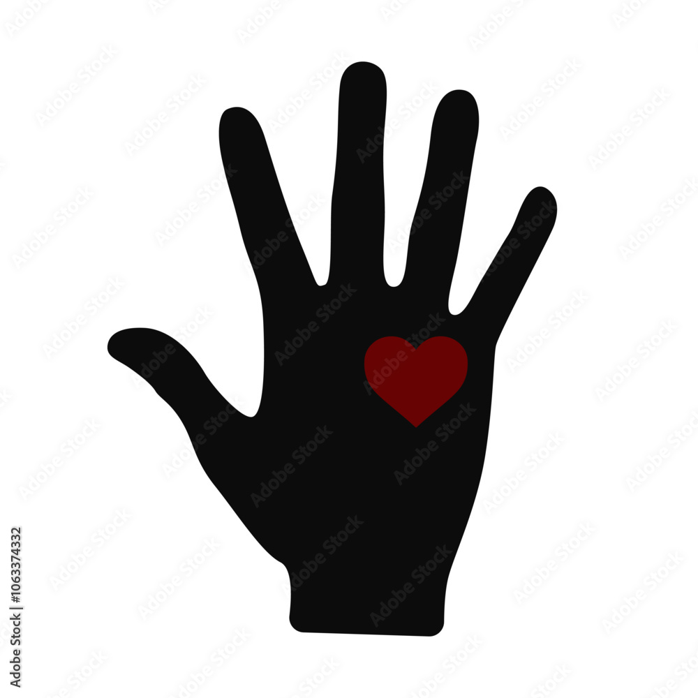 Fototapeta premium Silhouette of black human hand and red heart. Isolated vector illustration on white background