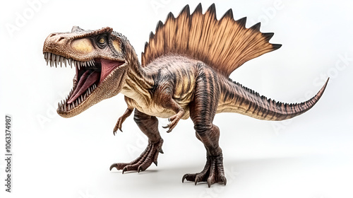 spinosaurus biting a dinosaur body with blood on white background , spinosaurus toy stands isolated on white background , Spinosaurus was a really big dinosaur eating meat 