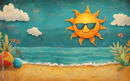 Endearing illustration of a smiling sun in golden sand on a summer beach, with playful details like sunglasses and a beach ball, colorful and fun photo