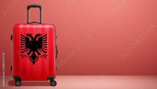 アルバニアの国旗のスーツケース。(Albania flag on a stylish suitcase and copy space.) 