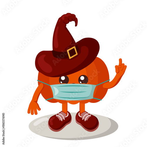 Funny cute kawaii Halloween pumpkin with witch hat, sneakers and protective medical face mask holds index finger up. Isolated colorful vector emoticon illustration.