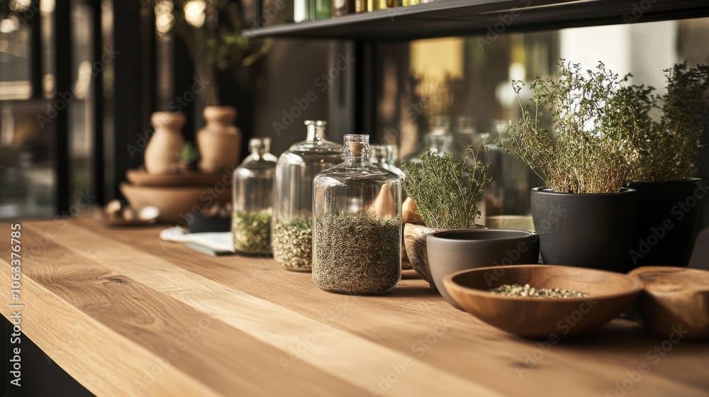 A warm-toned modern wooden counter featuring A warm-toned modern wooden counter featuring