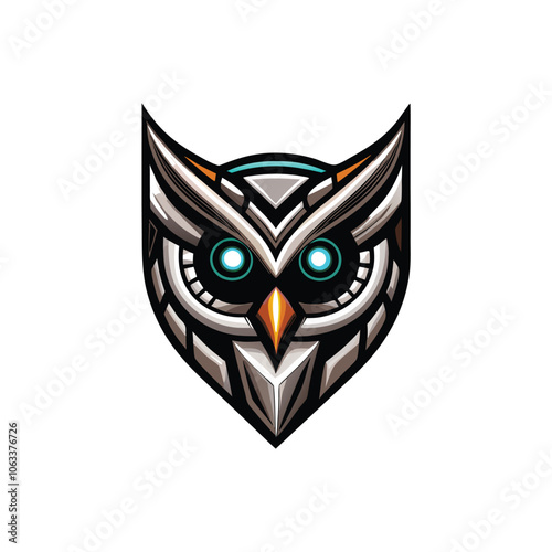 A sharp, angular owl head rendered in a futuristic, tech-inspired style. Emphasize geometric shapes, metallic textures, and glowing circuit board patterns.