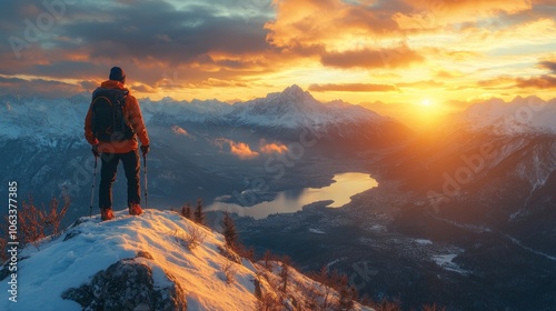 Hiker at Sunset in a Snowy Mountain Landscape