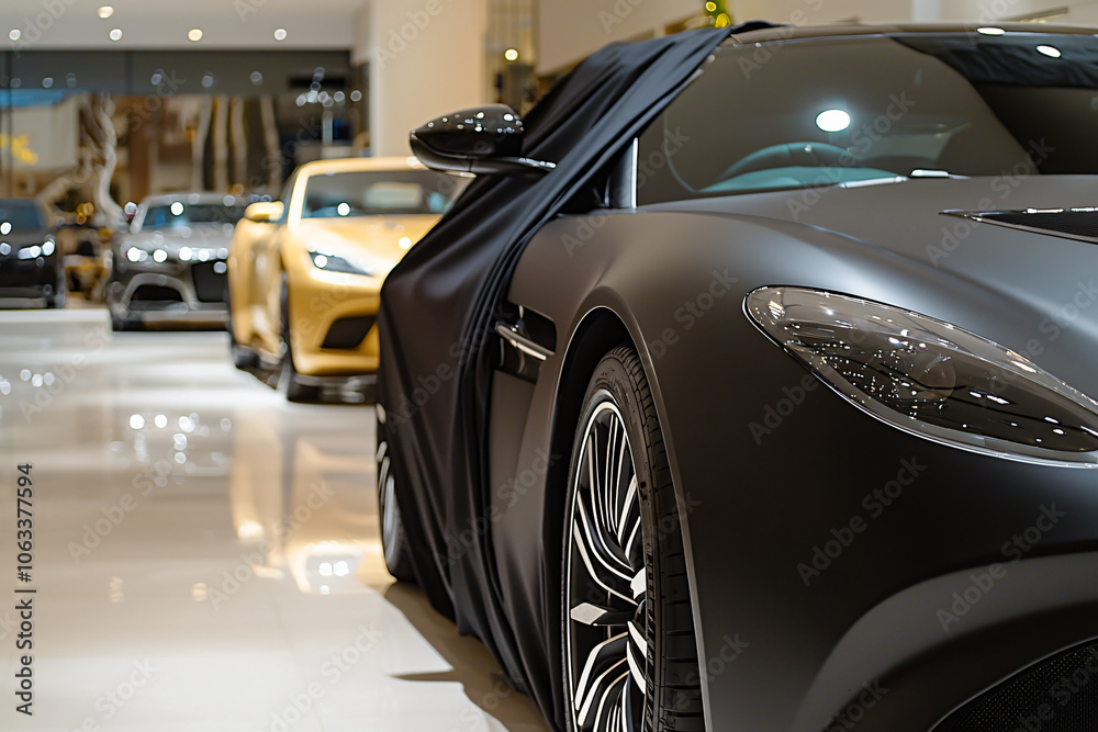 a high-end automobile draped in premium black fabric, in a luxury car dealership a high-end automobile draped in premium black fabric, in a luxury car dealership