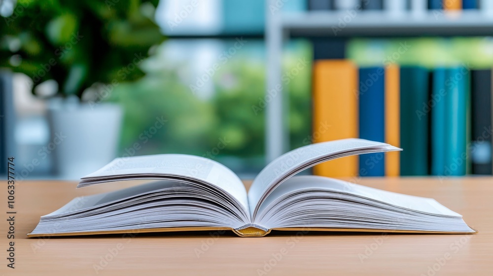 Open Book on Wooden Table in Modern Office Setting Open Book on Wooden Table in Modern Office Setting