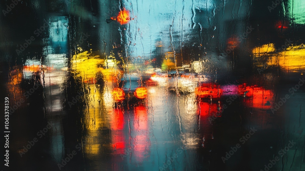 Fototapeta premium Abstract reflections in a rain-soaked city street, blurred lights from passing cars.