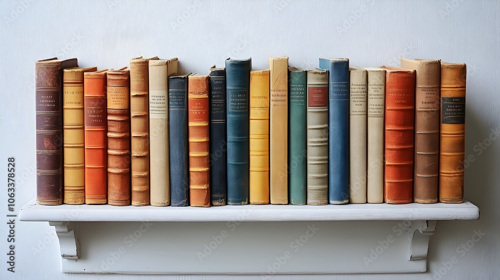 Naklejka premium Vintage wooden bookshelf filled with a diverse collection of books,including hardcover and paperback literature,textbooks,and academic publications.