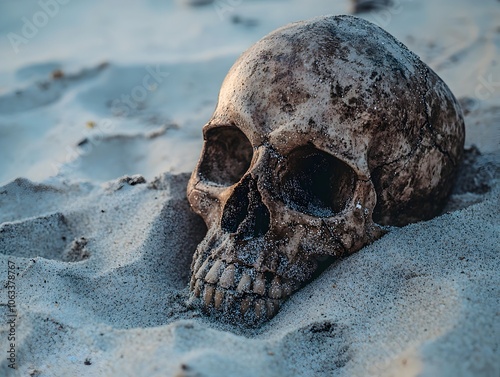 Skull Partially Buried in Sand With Tide Washing Over Symbolic of Death s Inevitability photo