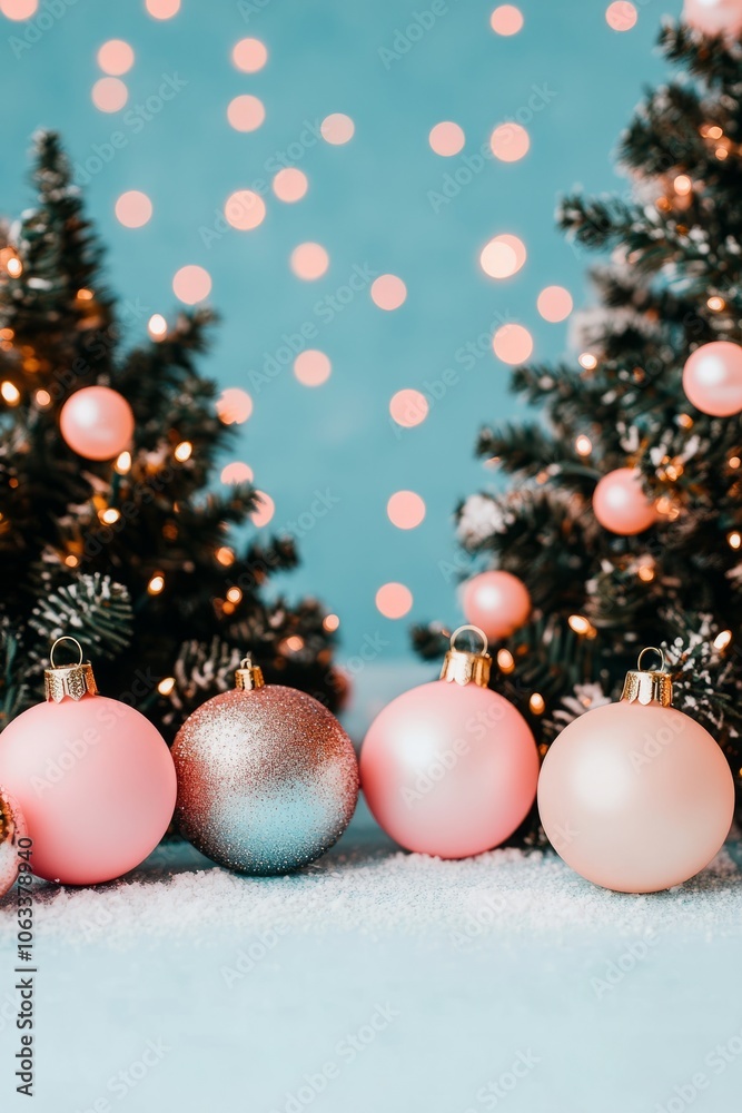 Fototapeta premium Festive scene with Christmas trees, ornaments, and soft lighting.