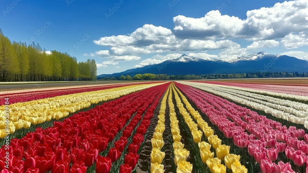 A serene tulip field under a bright, sunny sky; the colorful flowers in shades of red, yellow, and pink fill the landscape, while fluffy clouds drift above. A serene tulip field under a bright, sunny sky; the colorful flowers in shades of red, yellow, and pink fill the landscape, while fluffy clouds drift above.