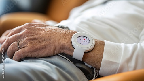 Patient scanning a wearable ECG monitor to record heart metrics, demonstrating remote patient monitoring technology with empty space for text