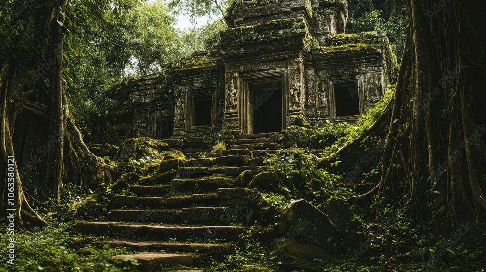 An ancient temple ruins overgrown with vines, surrounded by dense jungle. An ancient temple ruins overgrown with vines, surrounded by dense jungle.