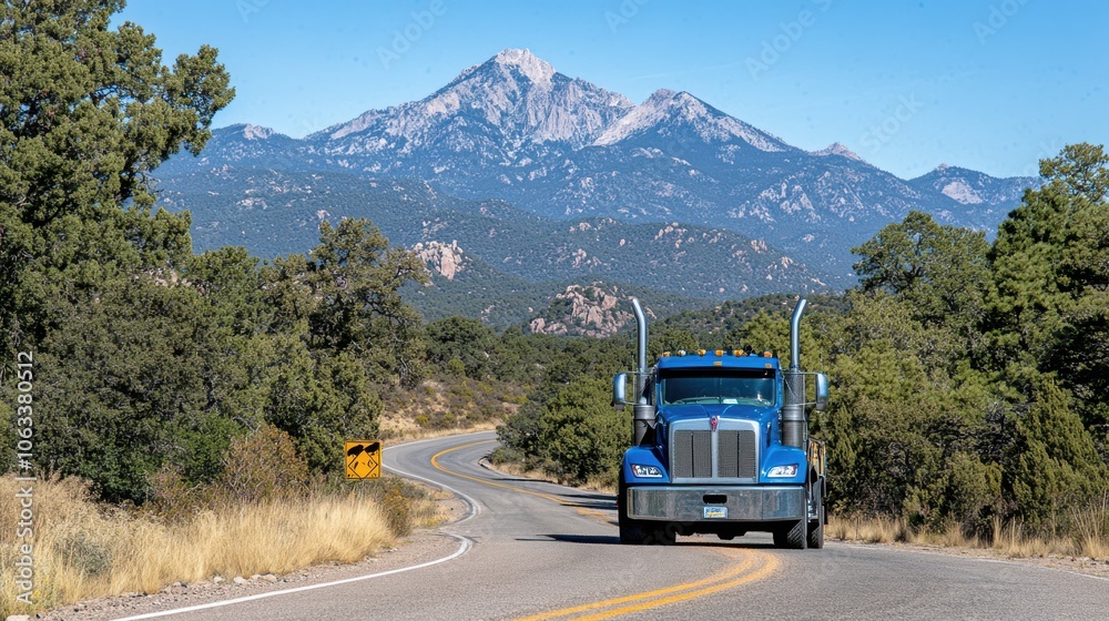 A vivid blue truck gracefully moves along a winding mountain road under the expansive sky, featuring stunning peaks in the distance. A vivid blue truck gracefully moves along a winding mountain road under the expansive sky, featuring stunning peaks in the distance.