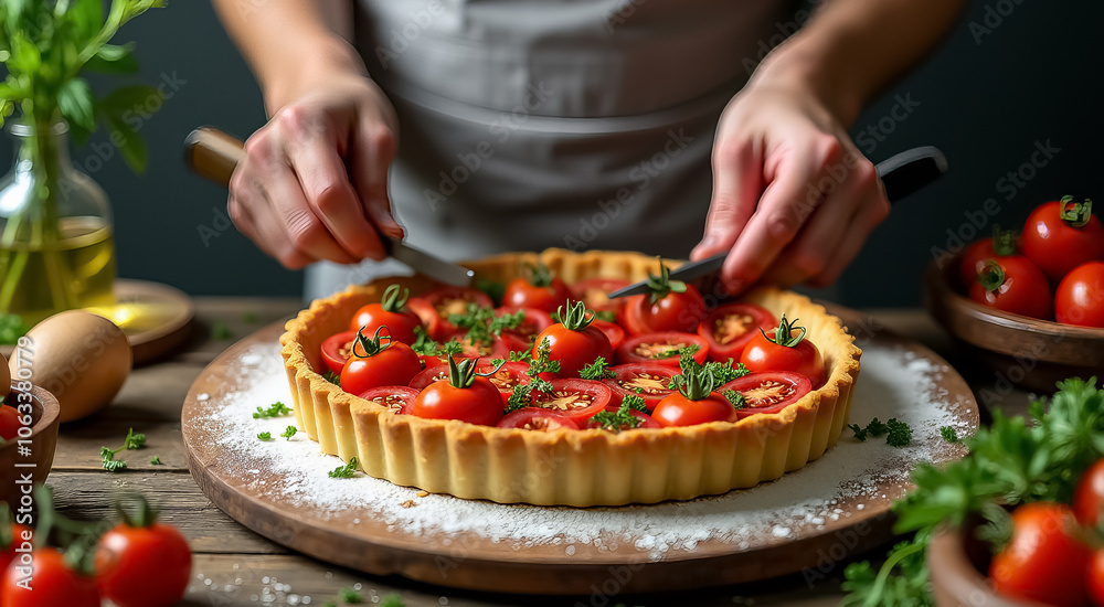 A woman is preparing a tomato pie with a knife and a spoon A woman is preparing a tomato pie with a knife and a spoon