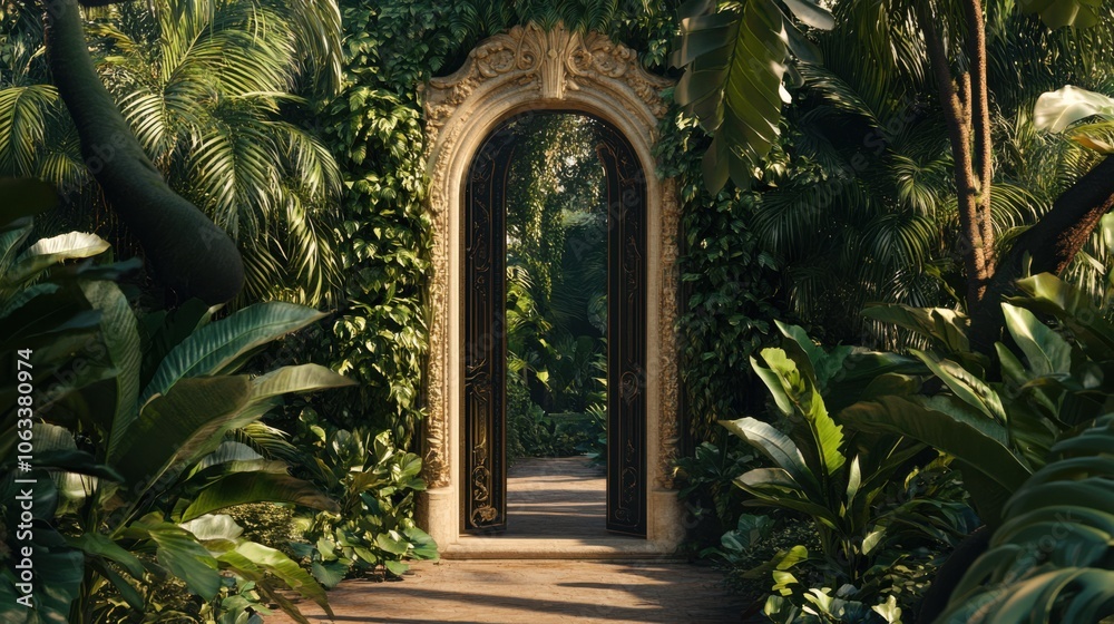 Fototapeta premium An open doorway framed by lush greenery and gold accents,