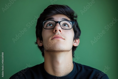 A young man in glasses gazing upwards, possibly contemplating or observing something