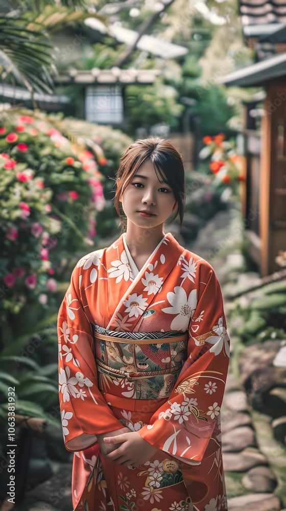 Woman in Traditional Kimono dress standing in Japanese Garden Woman in Traditional Kimono dress standing in Japanese Garden