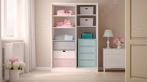 A wardrobe showcasing pastel pink and blue colors. Clothing arranged carefully on shelves, with dresses and shirts on hangers. A hydrangea in a decorative vase.