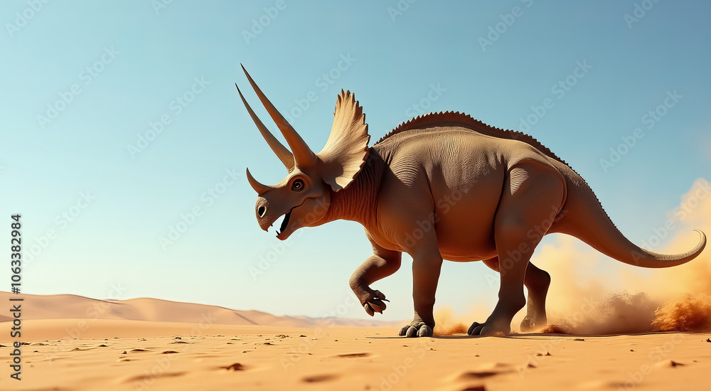 Fototapeta premium A large dinosaur is running through the desert