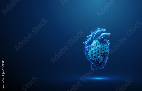 Abstract blue human heart with gears inside. Heart diseases, treatment and healthcare medical concept. Low poly style