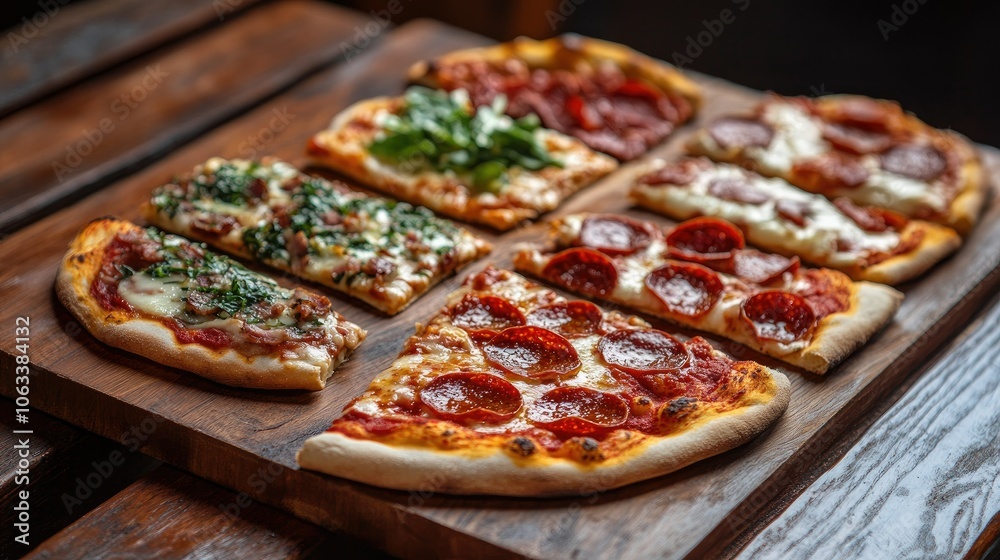 Assorted pizza slices with different toppings: pepperoni, margherita, and BBQ chicken arranged on a wooden board. Background of rustic kitchen. Assorted pizza slices with different toppings: pepperoni, margherita, and BBQ chicken arranged on a wooden board. Background of rustic kitchen.