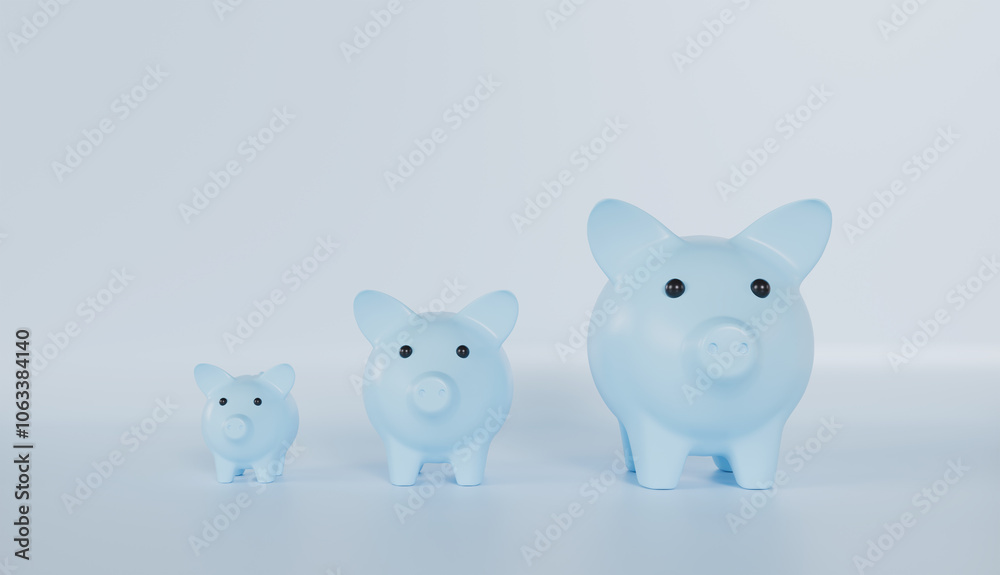 Piggy bank family standing in order on pink background, Family money savings, home financial concept Piggy bank family standing in order on pink background, Family money savings, home financial concept