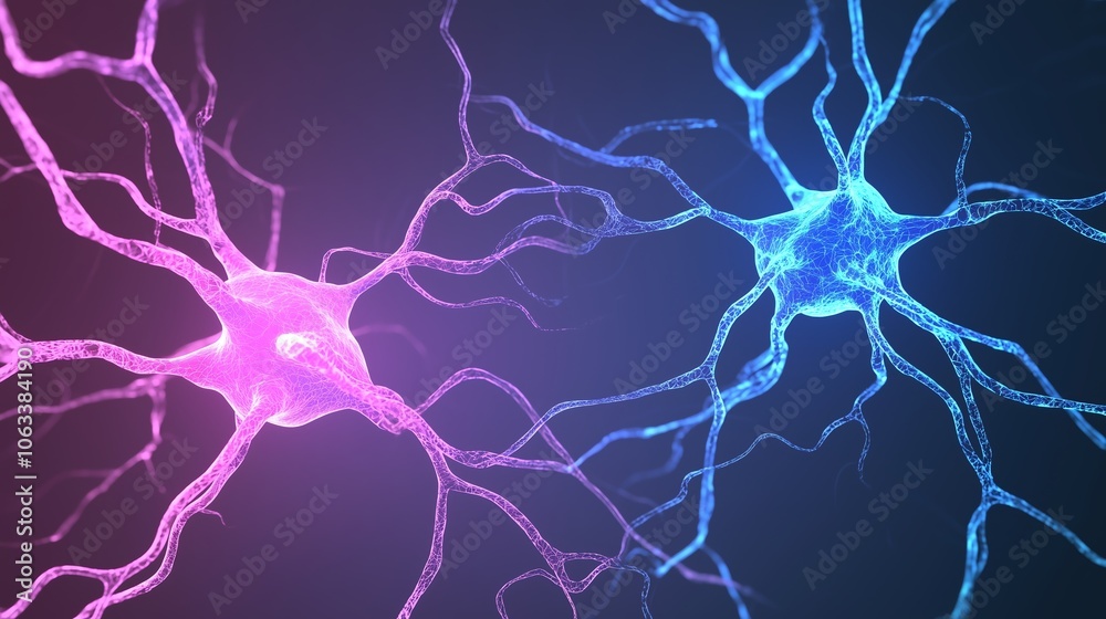 Conceptual digital mind with neural pathways glowing in bright blue and purple, representing artificial intelligence thinking and processing information.